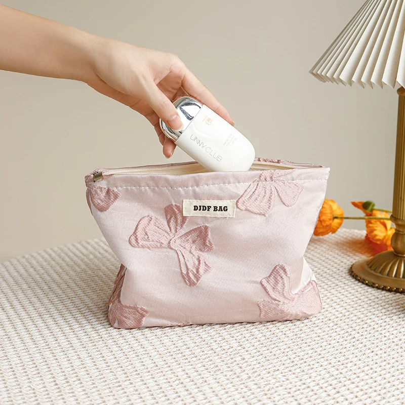 Women's Makeup Bag Pink Bow Large Capacity Volume Lipstick Air Cushion Mobile Phone Storage Bag Portable Canvas Cosmetic Bag