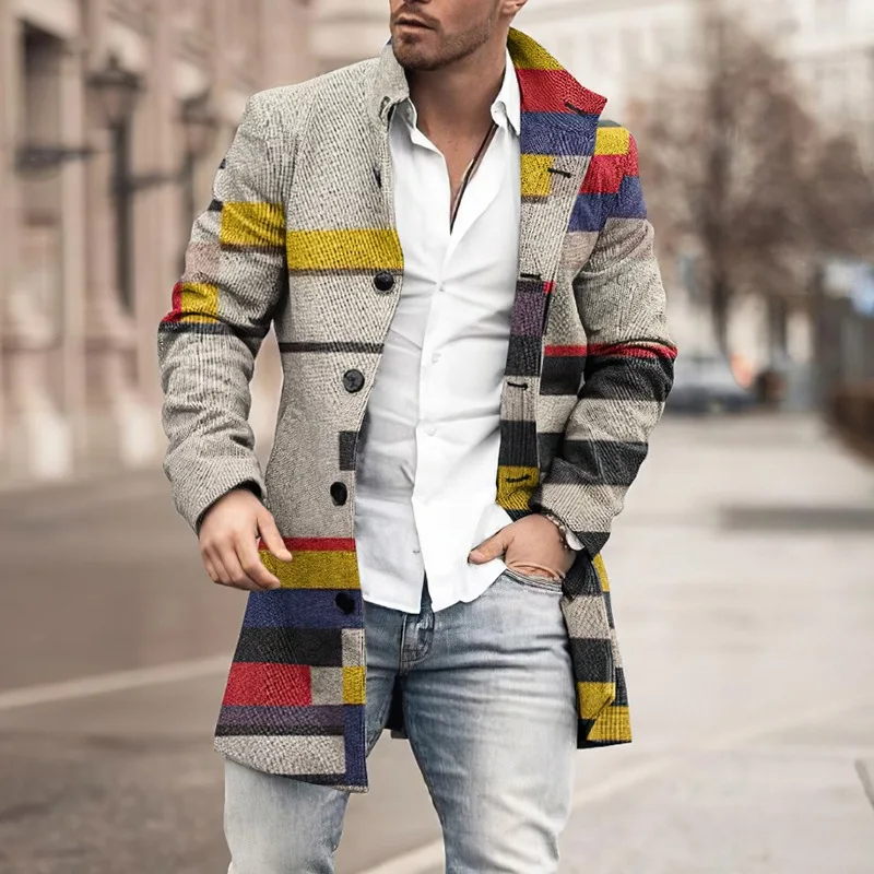 Man Single Breasted Jacket Plaid Button Long Slim Coat Long Sleeve  Autumn Winter Warm Casual Harajuku Street Outwear 2022 Retro