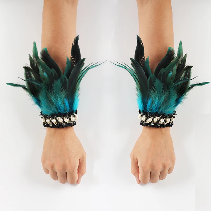 2pcs Lace Feather Wrist Cuffs Black Real Natural Dyed Rooster Feather Arm Warmers Party Cosplay Costume Accessory Feather Gloves