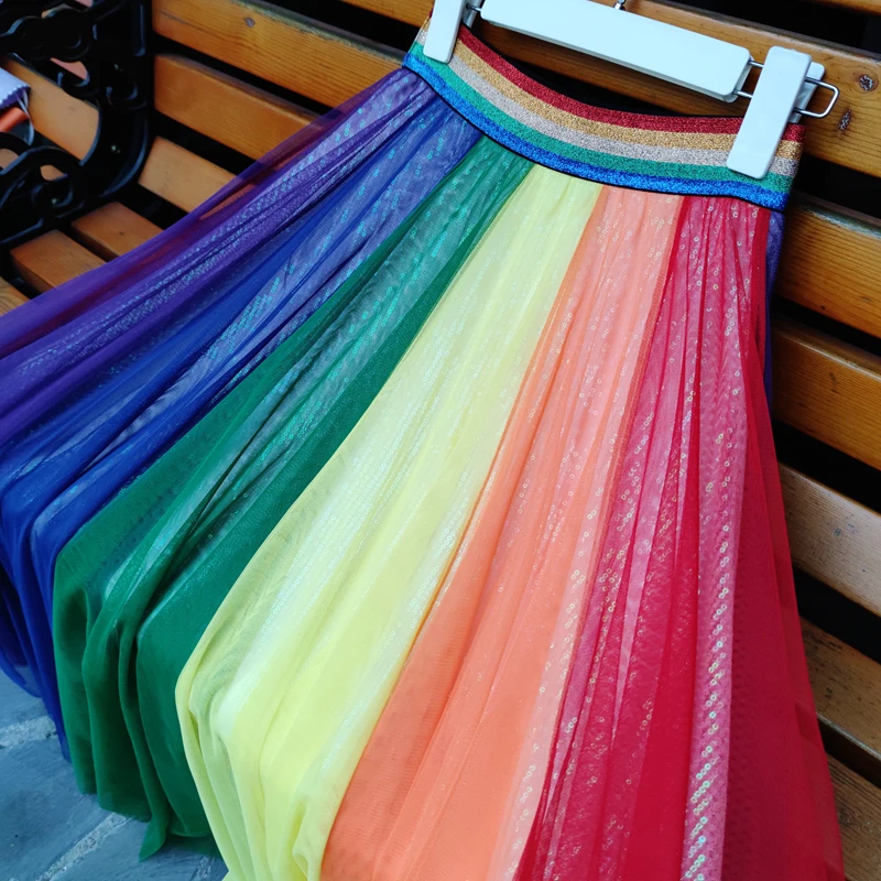 Sequins Glitter Sparkling Rainbow Length Staight Skirts Muti-Layer Tulle Skirts Runway Stage Live Show Dance Party Handmade
