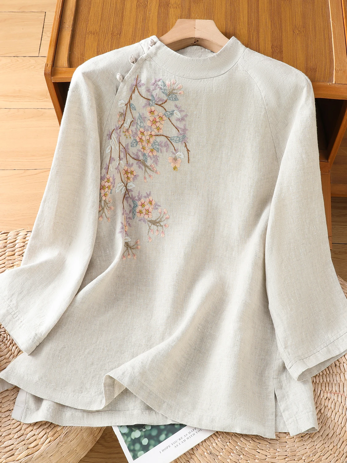 

Artistic Vintage Embroidered Cotton Linen Shirt Lightweight Chinese Style Heavy Work Raindrop Linen Color Loose Fit Women's S...