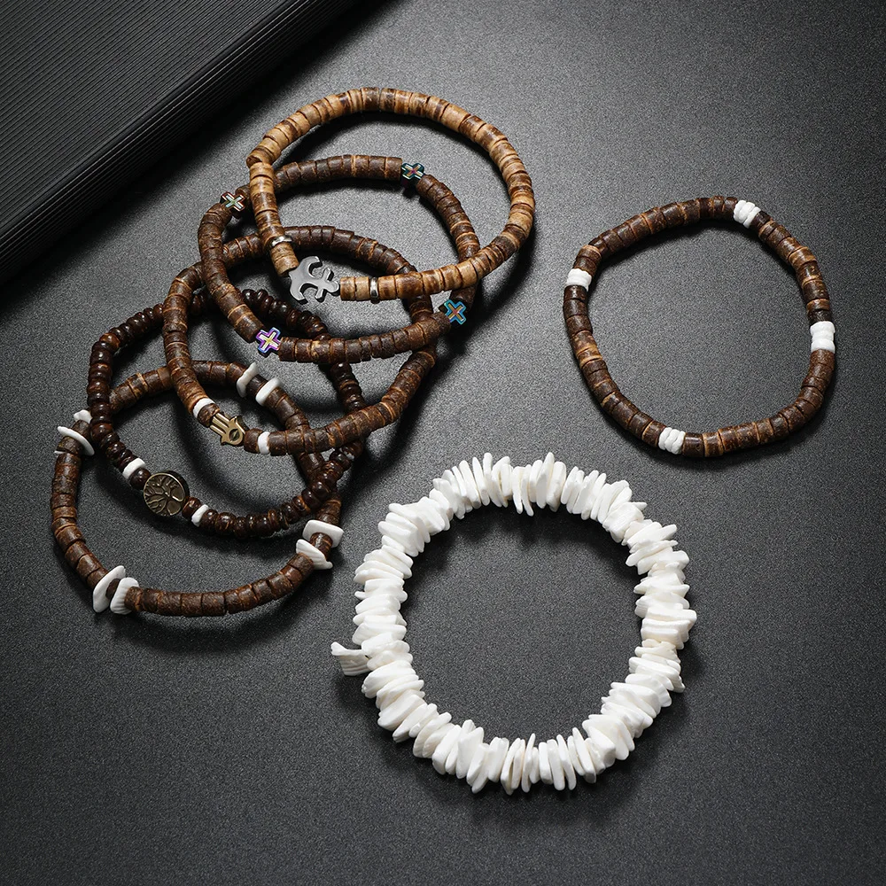 7pcs Fashion Trendy Wooden Beaded Men’s Bracelets Set Anchor Life Tree Hand Multi Layer Charm Bracelets For Friend Gifts