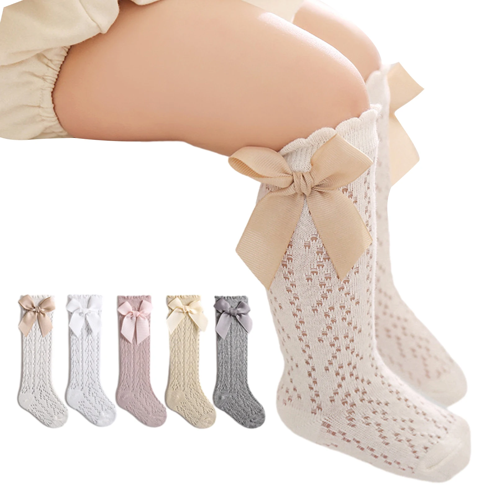 

Infant Girl Baby Mesh Stockings Princess Solid Color Cute Bow Socks Spring And Summer Thin Section Mesh Knee Socks