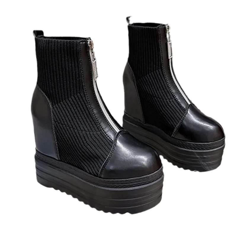 Women's High Heels Wedges Ankle Boots Waterproof Platform Thick-soled Autumn Fashion Knit Stitching Height Inside Ladies Booties - view 5