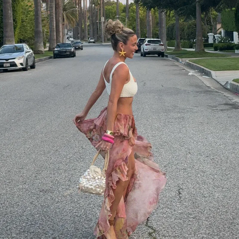 ชั้นdressingผู้หญิงกระโปรงยาววันหยุดดอกไม้พิมพ์กระโปรงต่ําเอวไม่สม่ําเสมอY2k Streetอินเทรนด์ความงามกระโปรงลูกไม้