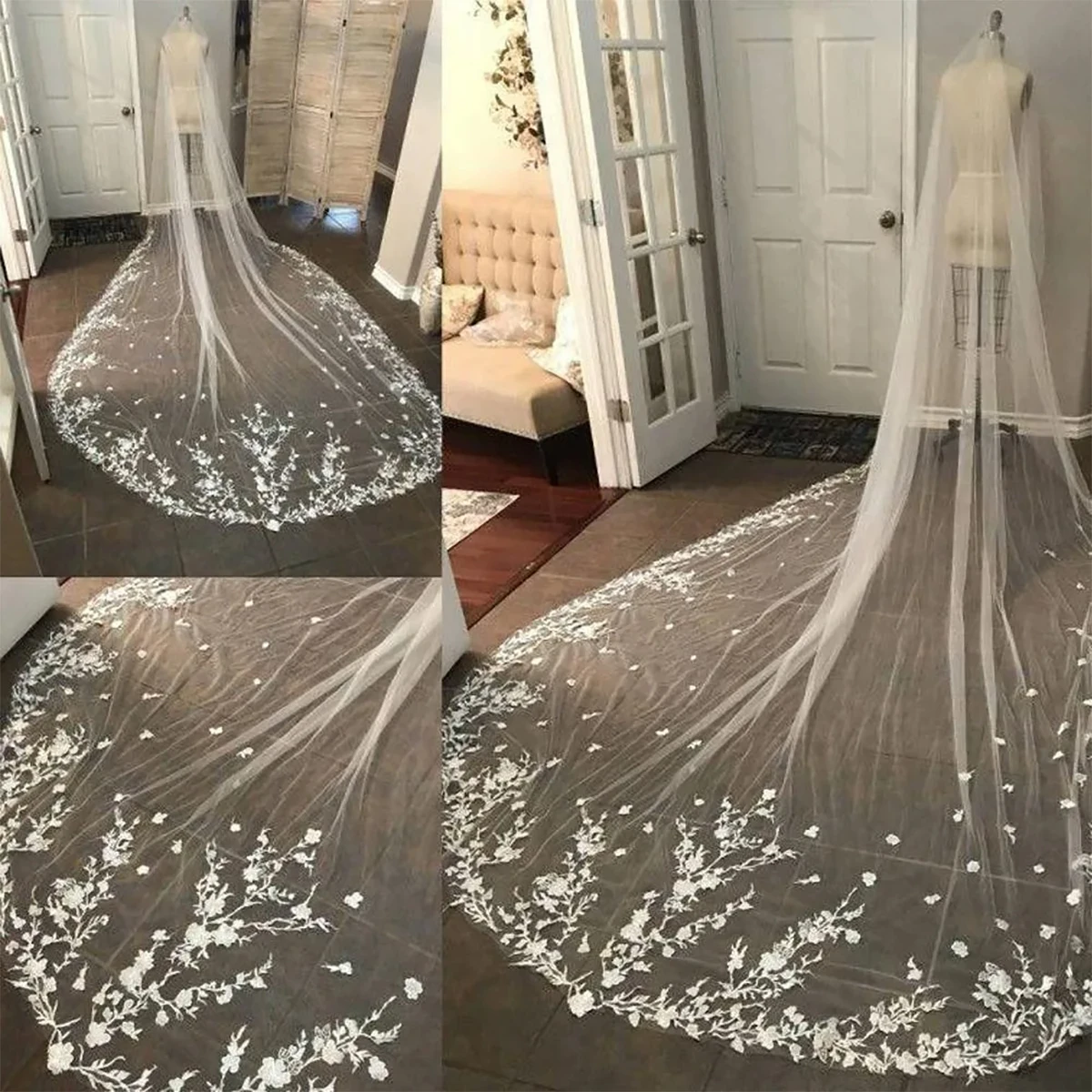 Real Photos Long Flower Applique Lace Wedding Veil One Layer White Ivory Tulle Bridal Veil with Comb 3 Meters Veu de Noiva Longo