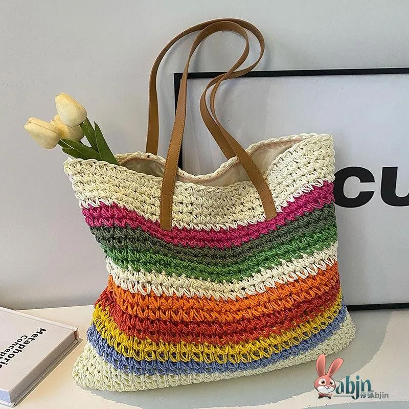 

Новая женская сумка-тоут ручной работы с радужными полосками, коллекция 2025 года, в стиле Forest System, пляжная сумка через плечо для отпуска и повседневного использования