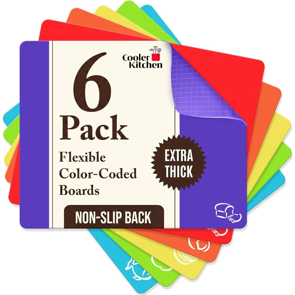 Extra Thick Flexible Plastic Cutting Board Mats Set of 6 Color Coded with Food Icons Non Slip Waffle Back Dishwasher Safe BPA Free Kitchen Chopping Boards 15x12 Inch