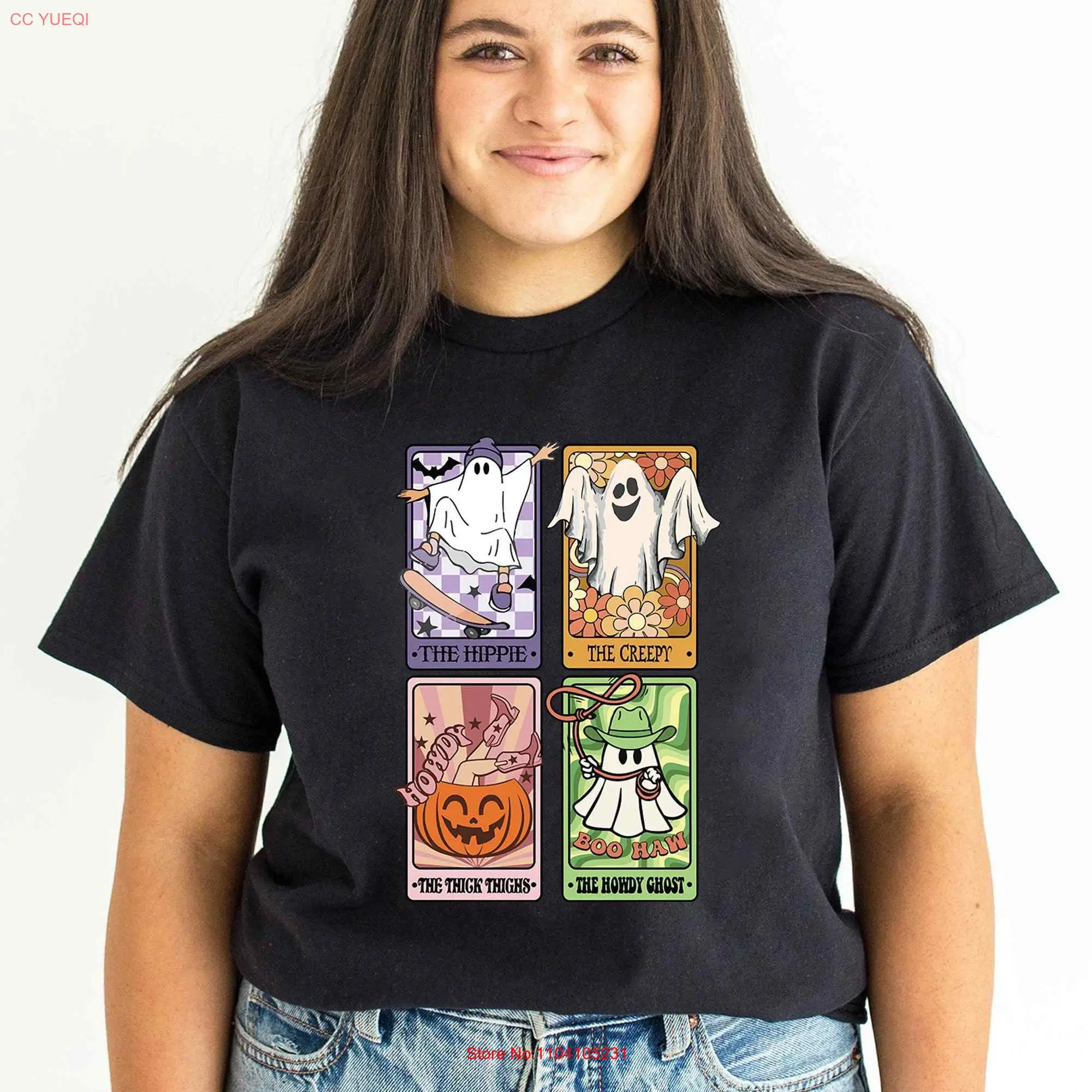 Halloween T Shirt Ghost Tarrot Card Western Funny Groovy Spooky Season B260 long or short sleeves