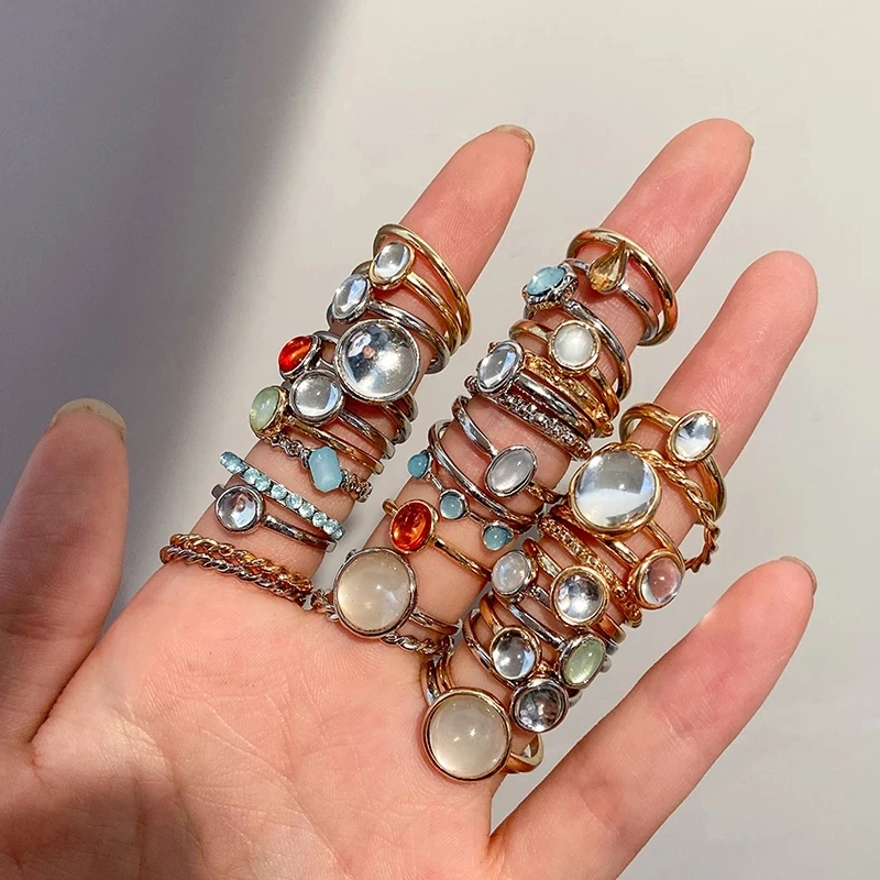 New Korea 8pcs/set Vintage Colorful Stone Metallic Chain Trendy Geometry Hit Rings Set for Women Girls Jewelry