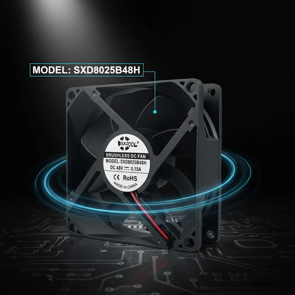 

8025 48 В 0,15 А высокоскоростной охлаждающий вентилятор с двумя шарикоподшипниками 5500 об/мин 72CFM 49 дБА промышленный осевой вентилятор для инверторного сервера