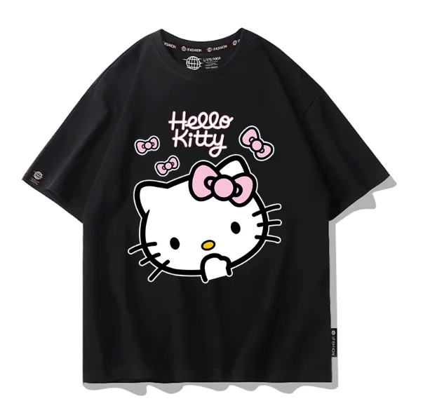 MINISO 헬로 키티 프린트 티셔츠 루즈 캐주얼 반소매 라운드 넥 티셔츠 여성 남성 커플 다목적 인기 의류