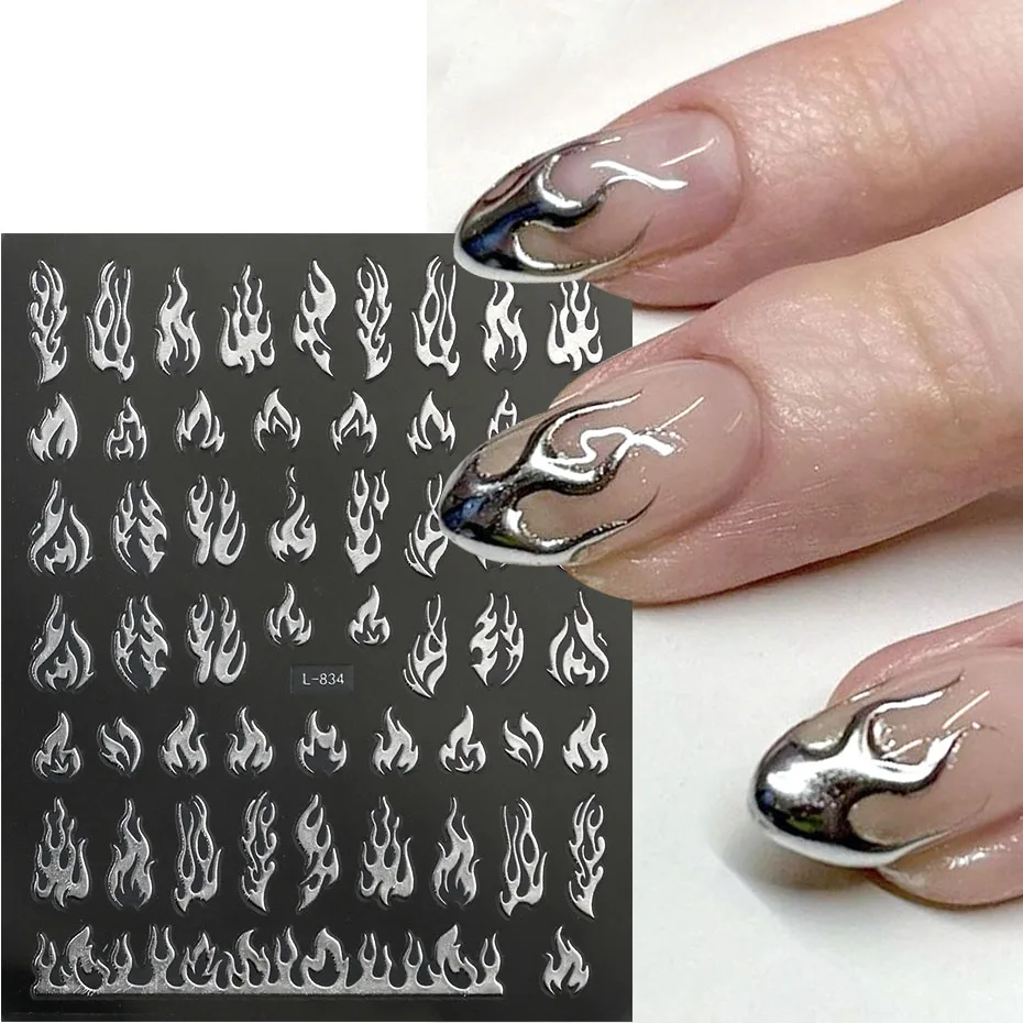 6 قطعة ملصقات أظافر فضية معدنية مجردة لهب النار الطوطم ضوء النجوم Y2K الشارات الربيع فراشة زهرة الورد لاصق ديكور #3