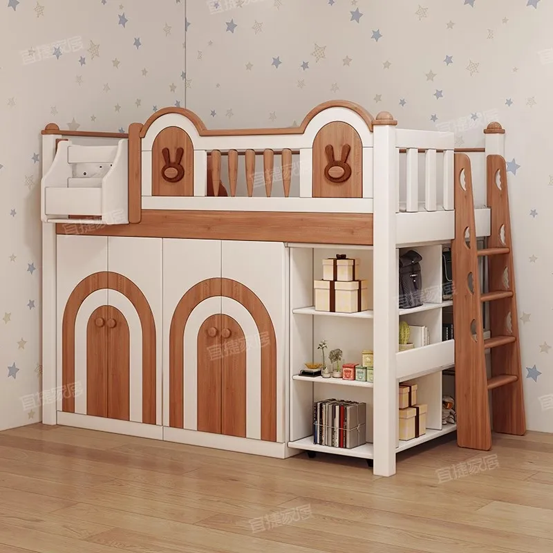 All solid wood children's bed half high bed wardrobe integrated with bookcase medium high bed small apartment space saving