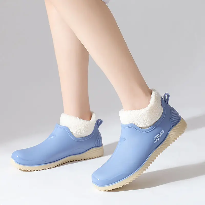 

New Fleece Collar Low Top Rain Shoes Women's Slip On Galoshes Summer Winter Waterproof Plush Water Shoes Soft Woman Rainshoes