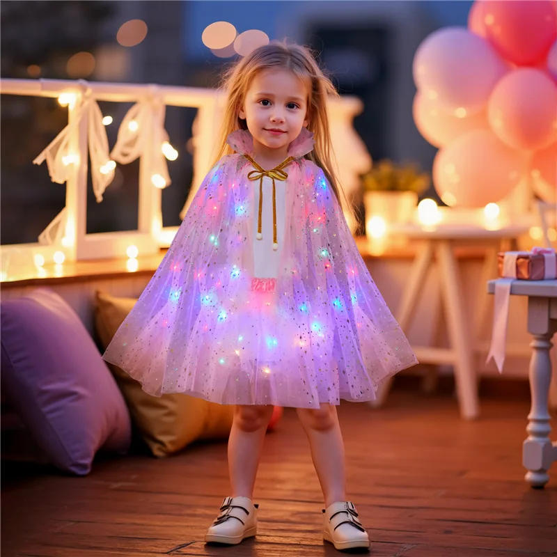Pink LED Ice and Snow  Girl Sleeping Beauty Cosplay Costume Summer Cloak Skirt Accessories 2-10Y  Elegant Gown