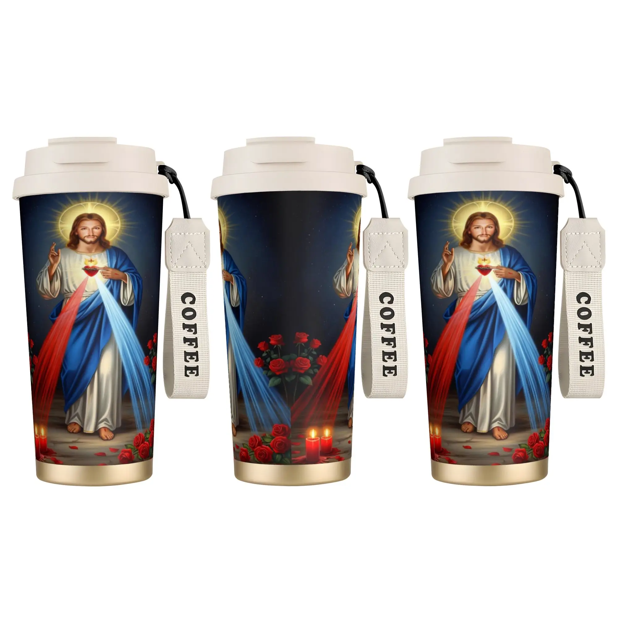 

Кружка-термос из нержавеющей стали с декором «Благословение Иисуса», с трубочками, для кемпинга, для холодных напитков, бутылка для воды, большая емкость, кофейные чашки