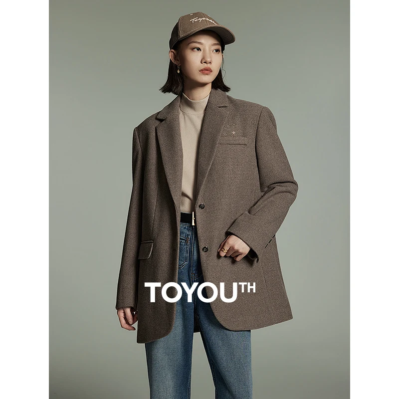 

Toyouth Women Thick Warm Woolen Coat 2023 Winter Long Sleeve Tailored Collar Loose Wide Shoulder Suit Jacket Fashion Outwear