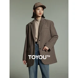 Toyouth Women Thick Warm Woolen Coat 2023 Winter Long Sleeve Tailored Collar Loose Wide Shoulder Suit Jacket Fashion Outwear