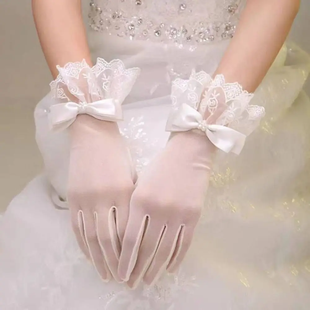 

1 Pair Marie Cat Cos White Satin Gloves Wedding Mesh Short Glove Bow Knot Gloves Elegant Sweet Lace Gloves Women Wedding Dress