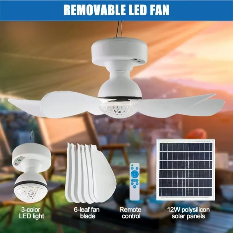 Solar Powered Ceiling Fan Light 3-Color LED Portable for Outdoor/Indoor Use Energy Efficient Solar Panel Charging Fan Bulb