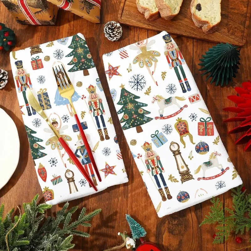 2pcs Kitchen Christmas Nutcracker Kitchen Dish Towel Cleaning Supplies Quick Drying Bar Hand Dishcloths Hand Towels Decor