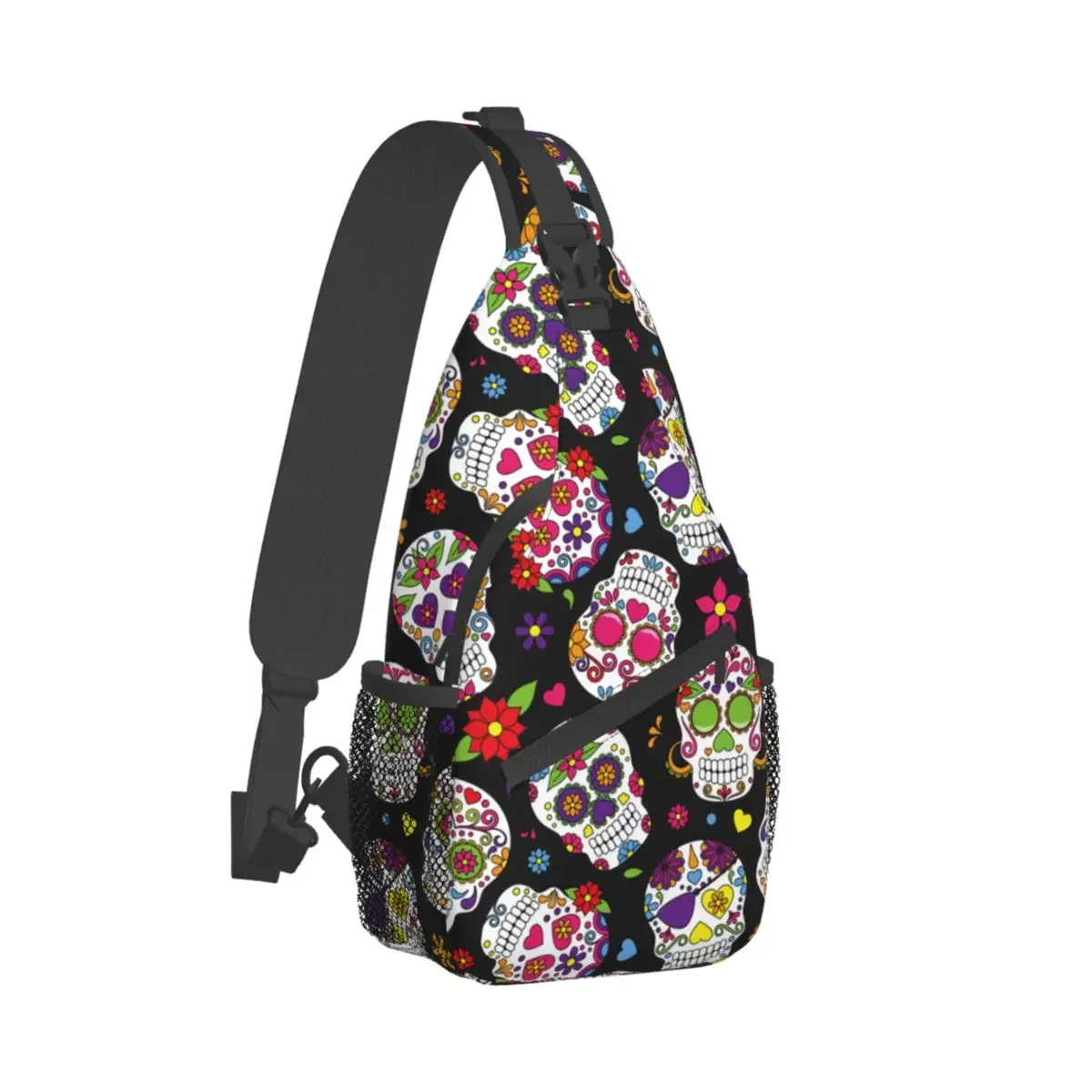 

Day Of The Dead Sugar Skull Small Sling Bag Chest Crossbody Shoulder Backpack Outdoor Sports Daypacks Skeleton Printed Satchel