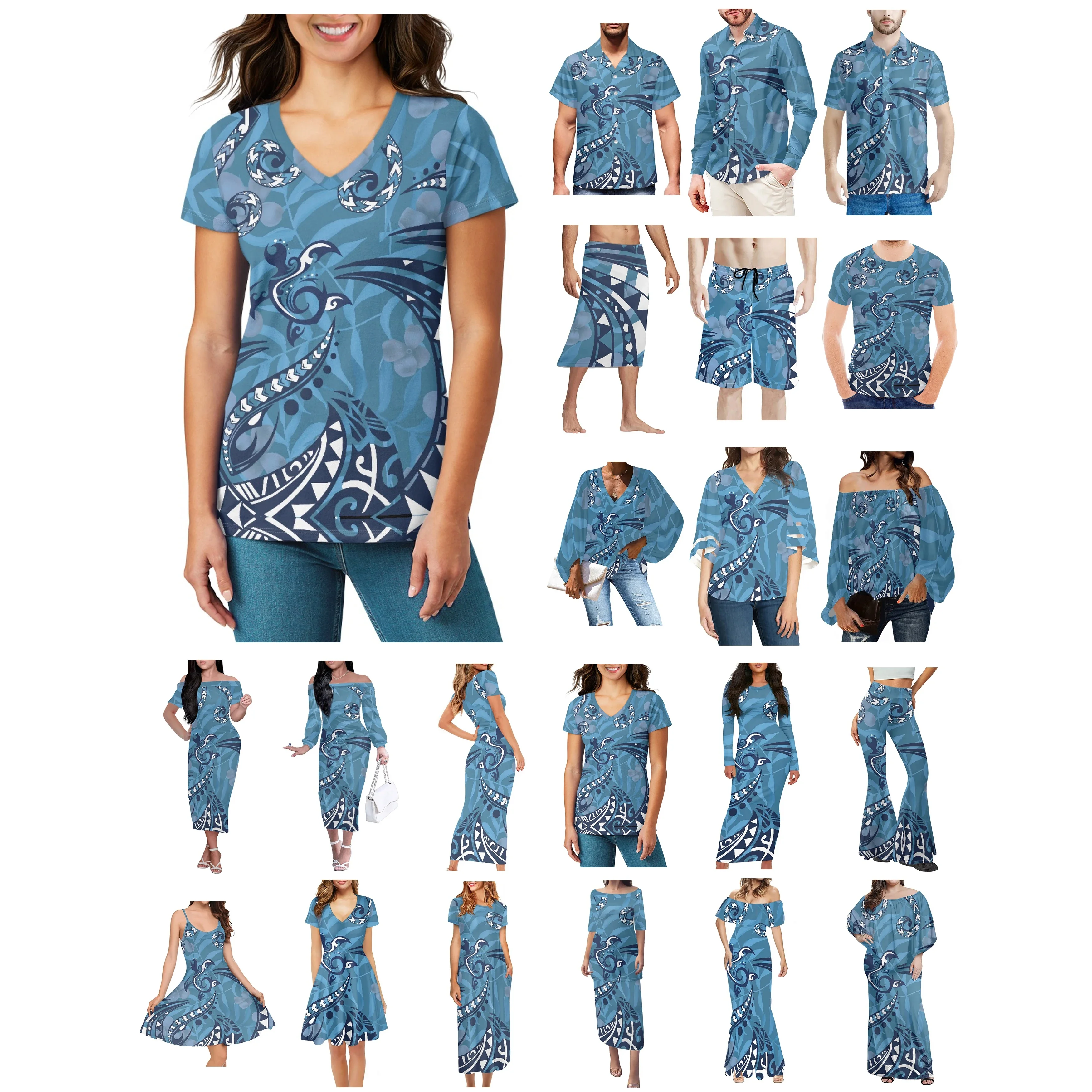 Polynesian Tonga Hawaii Fiji Guam Samoa Pohnpei Tribal Tattoo Prints Clothes Women Dress Matching Men Shirt Blue Lover's Clothes