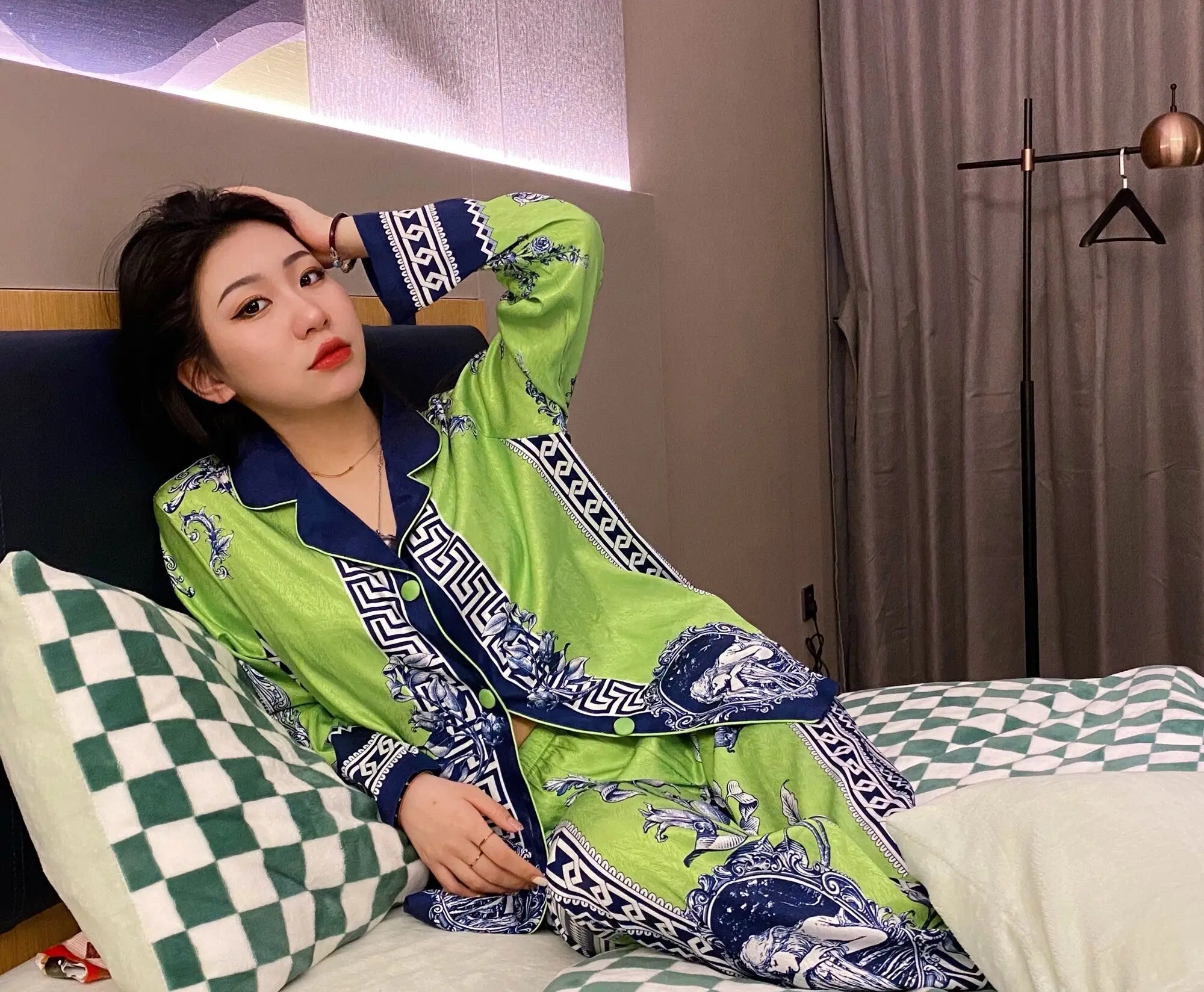 Boho Style Women Green Pajama Set Silk Summer Ladies Homewear Can Be Worn Outside Luxury Satin Comfortable Pyjama For Female