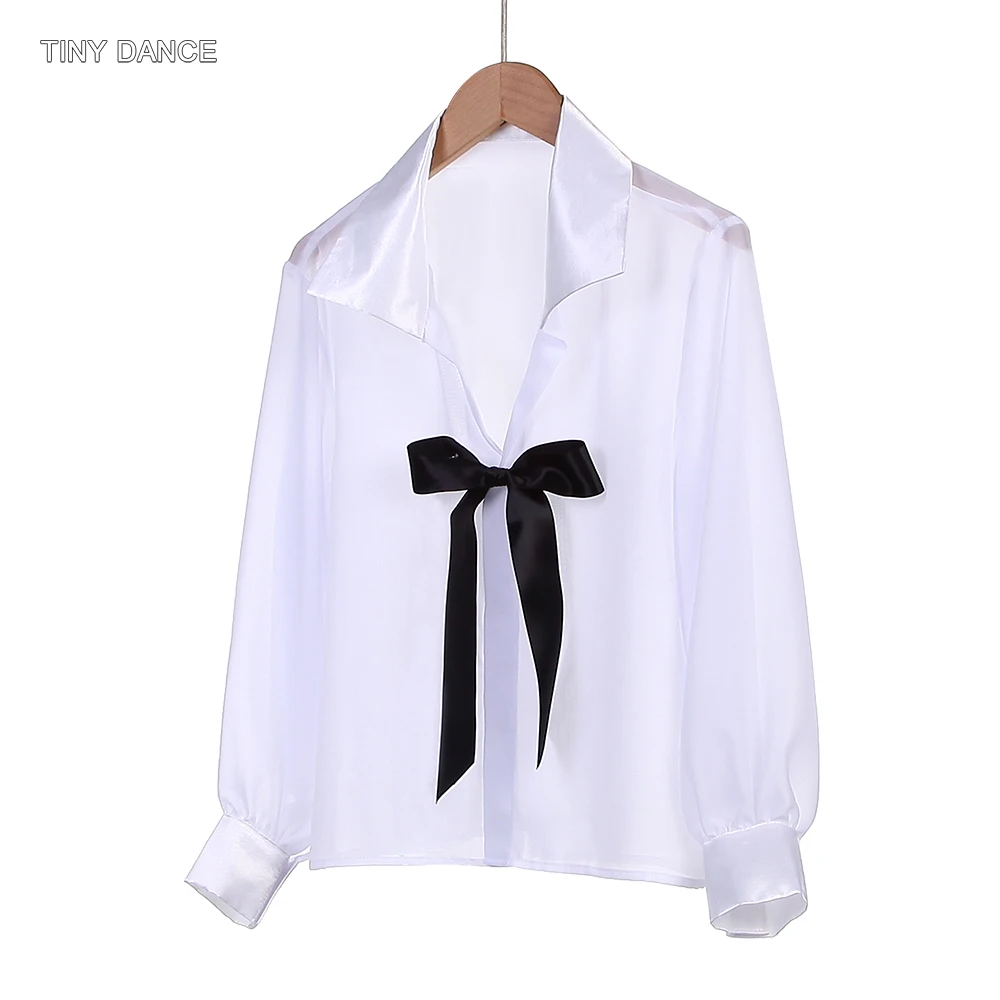 남성용 흰색 발레 댄스 셔츠, 검정색 리본 퍼포먼스 의상 상의, 앞면 리본 디자인 발레 공연복 26015