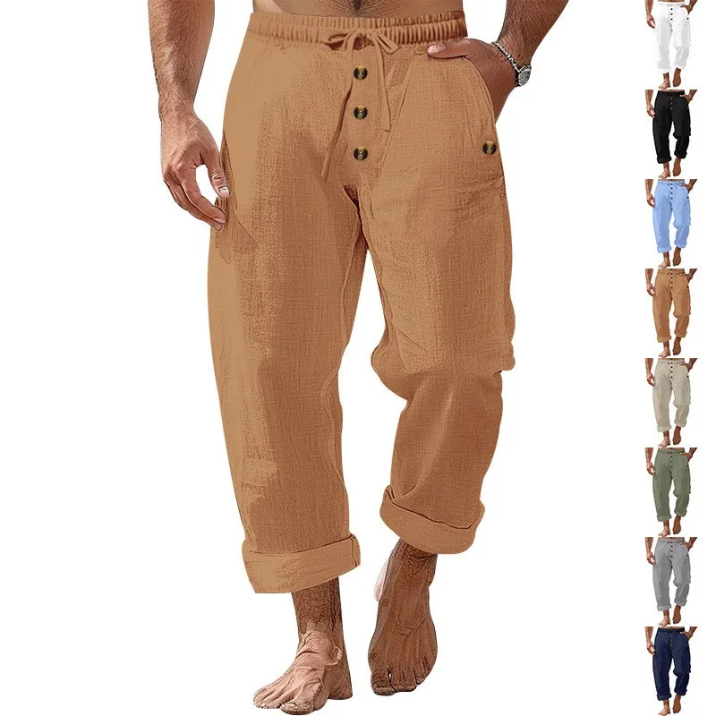 

Men Summer Pants Baggy Straight Leg Beige Trousers Drawstring Waist Cargo Pocket Casual Pants Relaxed Fit Mid Rise Linen Pants