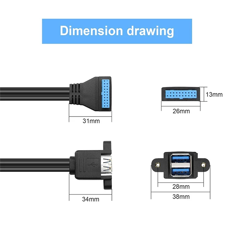 AED5-90 graus up/down ângulo usb 3.0 19/20pin para dupla USB-A fêmea porta adaptador cabo placa-mãe cabo de extensão interna