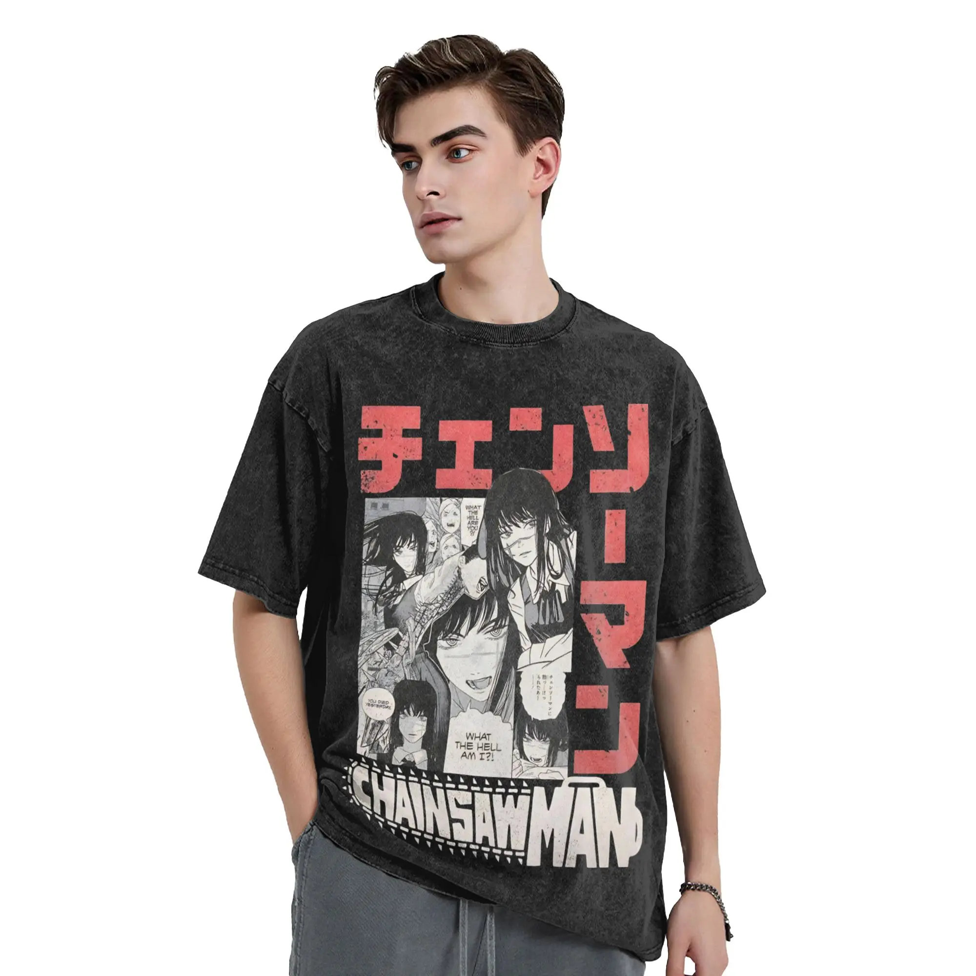 Yoru Chainsaw Man Anime T Shirt Hip Hop Washed Cotton Harajuku T-Shirt Asa Mitaka Novelty Men Women Tops Streetwear Printed Tees
