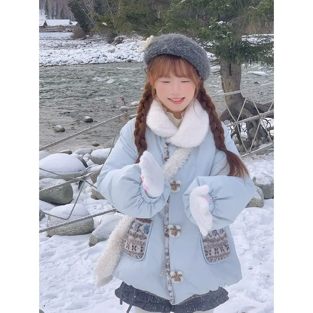 

Blue Thiened Winter Coat Women's Soft Cute Sweet Sle Lamb Fur Collar Warm Cotton Jaet Sli Casual Outerwear