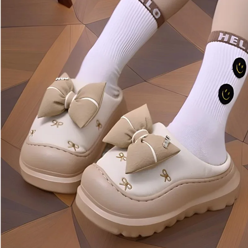 

2025 New Girls Lovely Bow Slippers Woman Platform Elevator Shoes Ladies Thick Heels Butterfly-knot Clogs Female house slippers