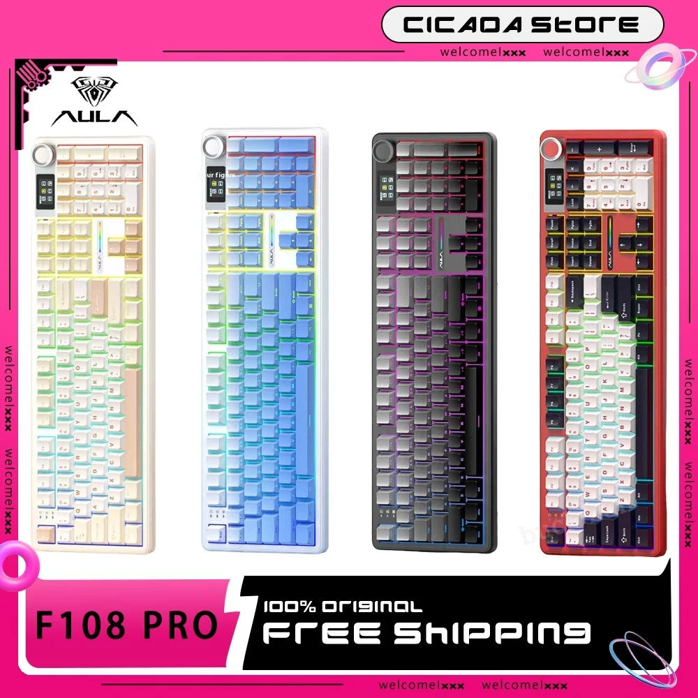 Aula F108 Pro Mechanical Keyboard Tri Mode Wireless Keyboard Custom Multi-Knob Screen 8000mAh Gasket RGB Keyboard PC Accessories