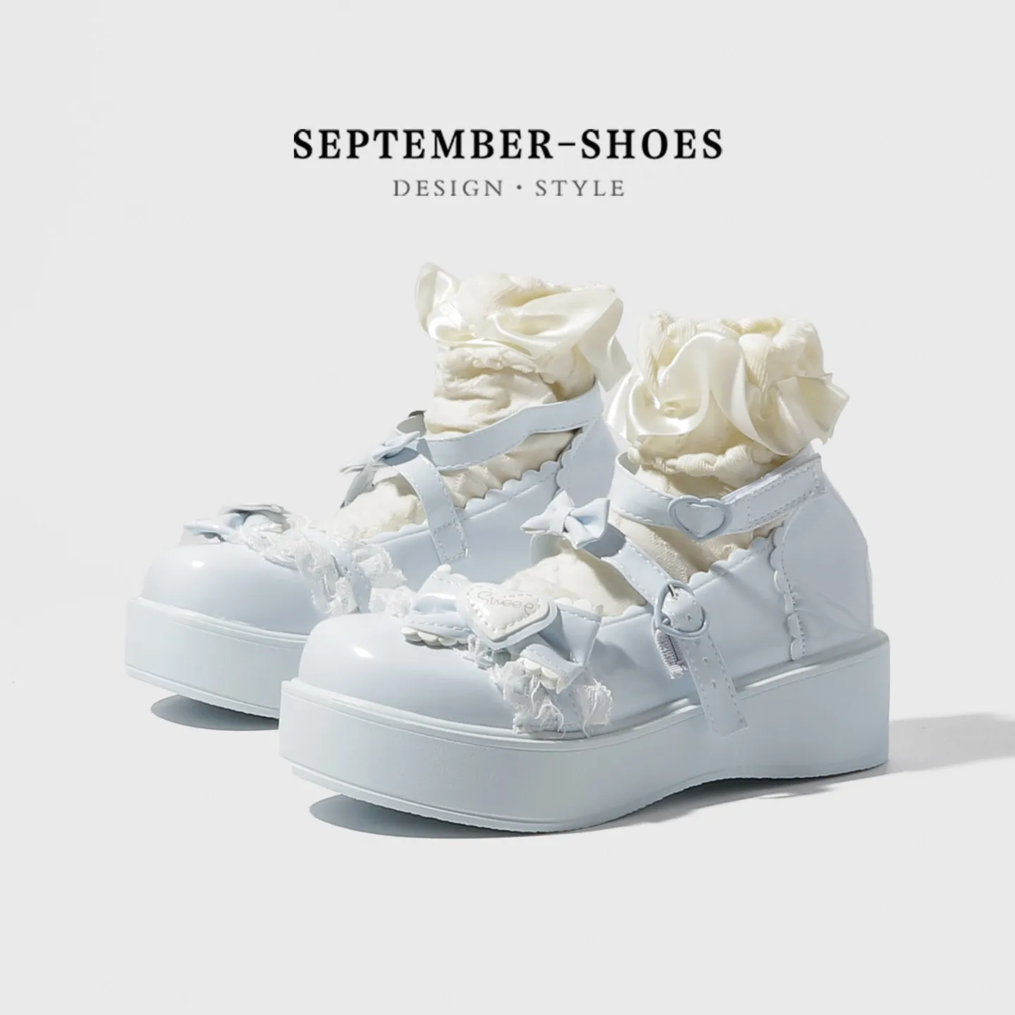 Sweet Lolita Mary Jane Shoes Thick Platform Sole Bow Lace Ruffle Cross Strap Buckle Japanese Style Height Increasing Women Pumps