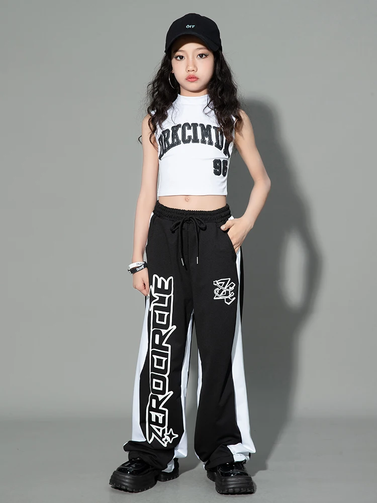 Kids Jazz Dance Clothes Girls Vest Black Pants Sleeveless Concert Performance Suit Hip Hop Dance Costume Street Wear BL11052