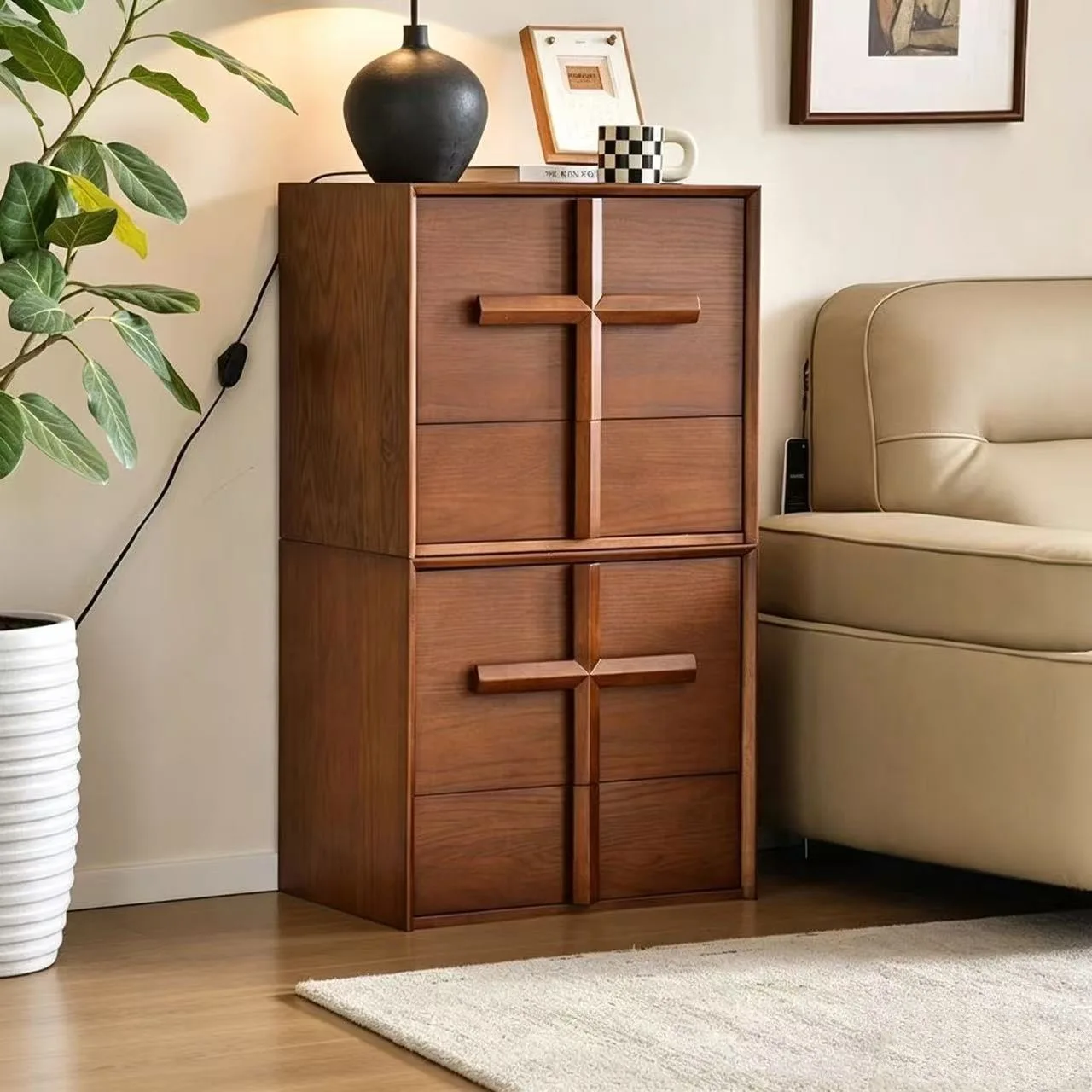 medieval solid wood chest, bedroom storage, simple and modern bedside rack