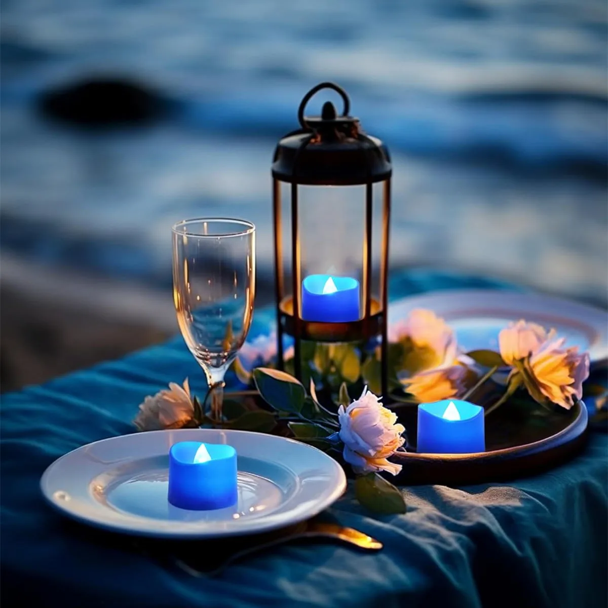 6pcs, Blue Tea Lights Candles, Flameless Flickering LED Candles Battery Operated, Navy Blue Tea Lights, Blue Base