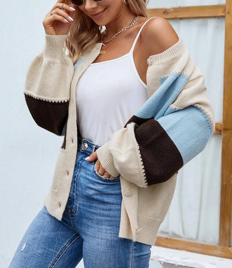 

Women's Coat 2025 Autumn Winter Latest Color Blocked Single Breasted Knit Sweater Lantern Sleeve Sweater Cardigan Open Front