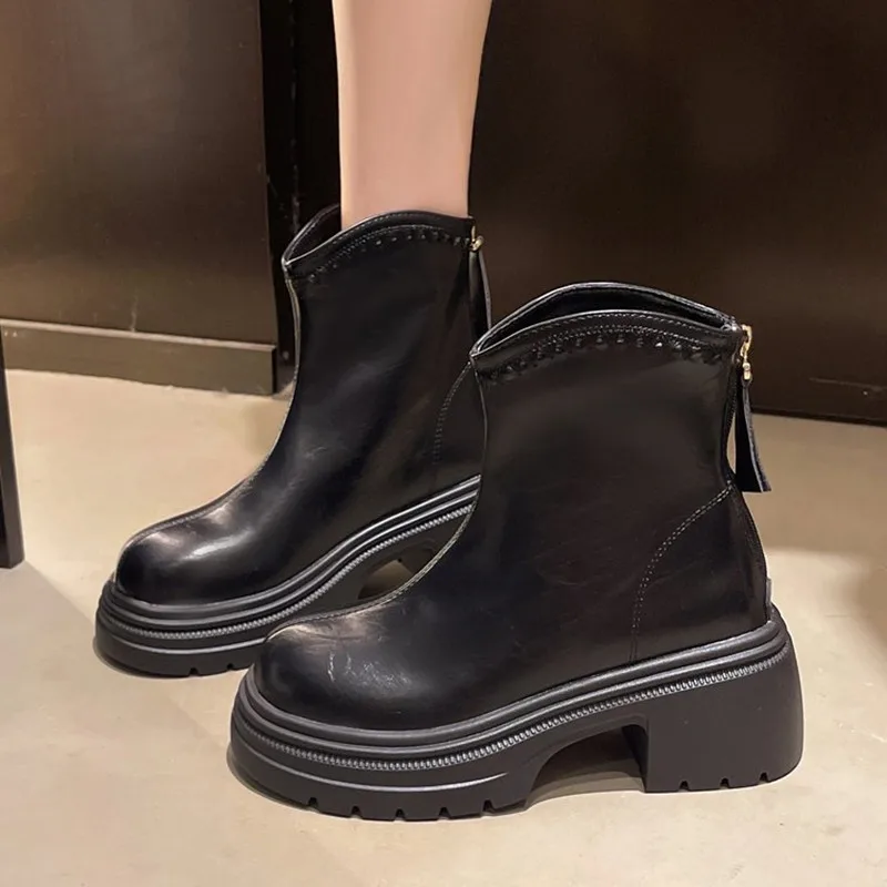 

Women New Fashion Short Boots Women Sexy Leather Boot Square Toe Casual Zipper High Heels Casual Thick Soled Women Shoes Zapatos