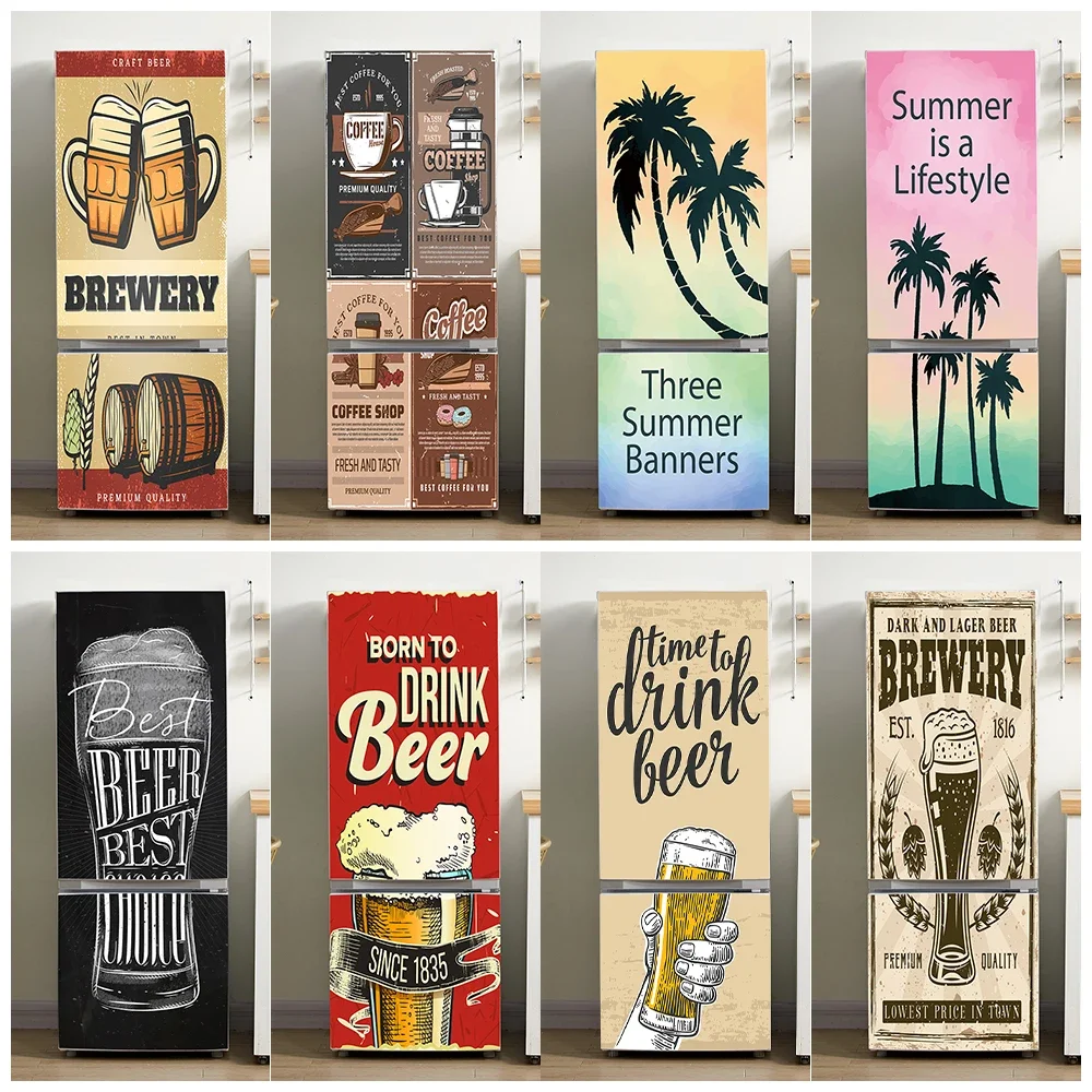 

Summer Coconut Tree Beer illustration Fridge Door Sticker Waterproof Kitchen Poster Ice Cold Beer Mural Refrigerator Door Decals