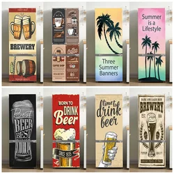 Summer Coconut Tree Beer Illustration Fridge Door Sticker Waterproof Kitchen Poster Ice Cold Beer Mural Refrigerator Door Decals
