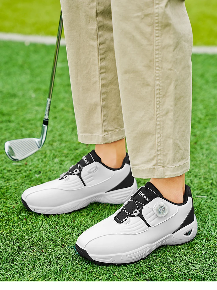 Herren Golfschuhe mit Drehverschluss und Spikes, Wasserdichtes Leder, Rutschfeste Outdoor-Sportschuhe in Weiß, Schwarz und Rot – Detail 1