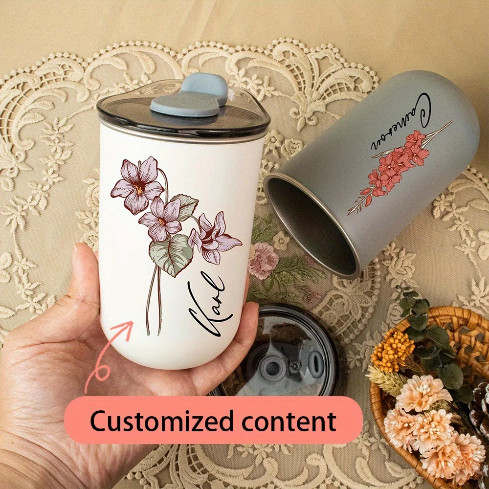 Customizable Personalized Birthday Flower Water Cup, Stainless Steel Cup with Customized Name, Travel Outdoor Coffee Cup with Li