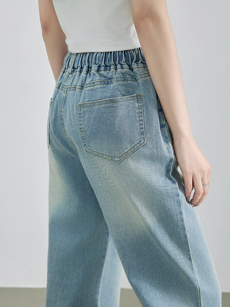 Neue 2024 Sommer Denim Jeans Frauen Hohe Elastische Taille Kordelzug Gebleichte Breite Bein Blau Jean Hosen Streetwear Denim Hosen