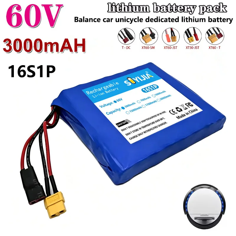 16S1P 60V 3.0Ah Battery Pack 18650 Lithium with BMS for Self-balancing Scooter Electric Unicycle 3000mAh Rechargeable Battery