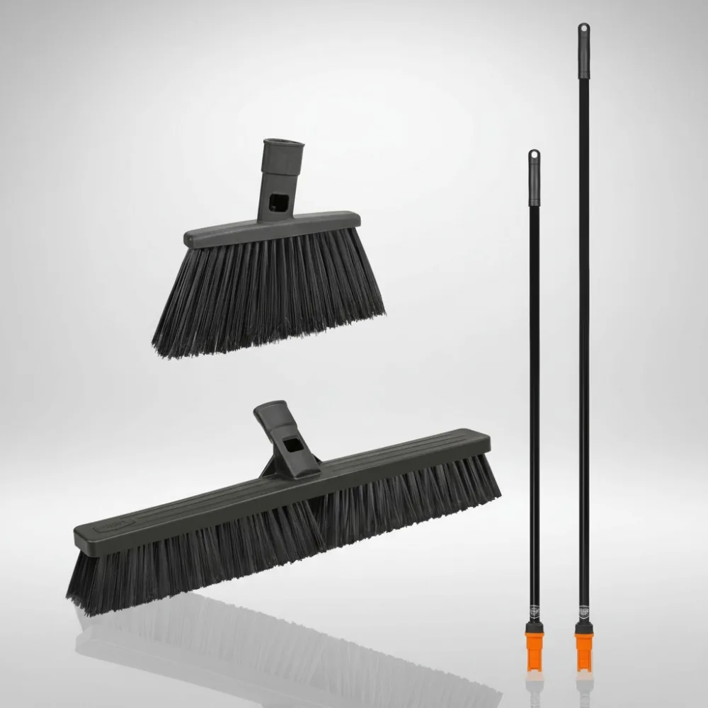 

24” Angle & Push Broom Combo with 48” & 60” Steel Handles - Interchangeable Cleaning System for Indoor/Outdoor Use