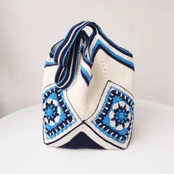 Women's New Vintage Shoulder Bag Handwoven Handwoven Handbag Exquisite Pattern Splicing Bag Blue and White Porcelain Casual Bag